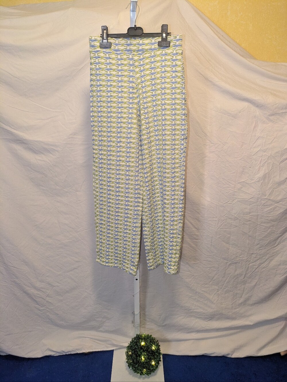 ZARA Geometric Jacquard Knit Wide Leg Flare Pants Blue Green Size Small